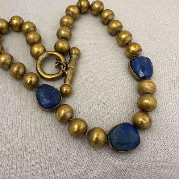 Vintage Brass bead and Lapis Lazuli stone necklace - Picture 2 of 4